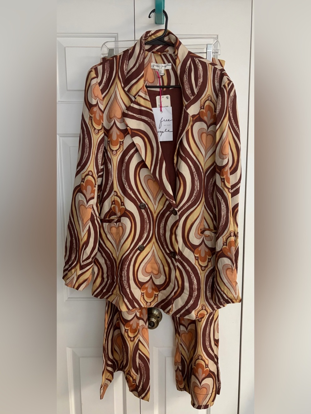 Retro Heart-Print Blazer and pant suit  Set - Brown, Cream & Orange Free People